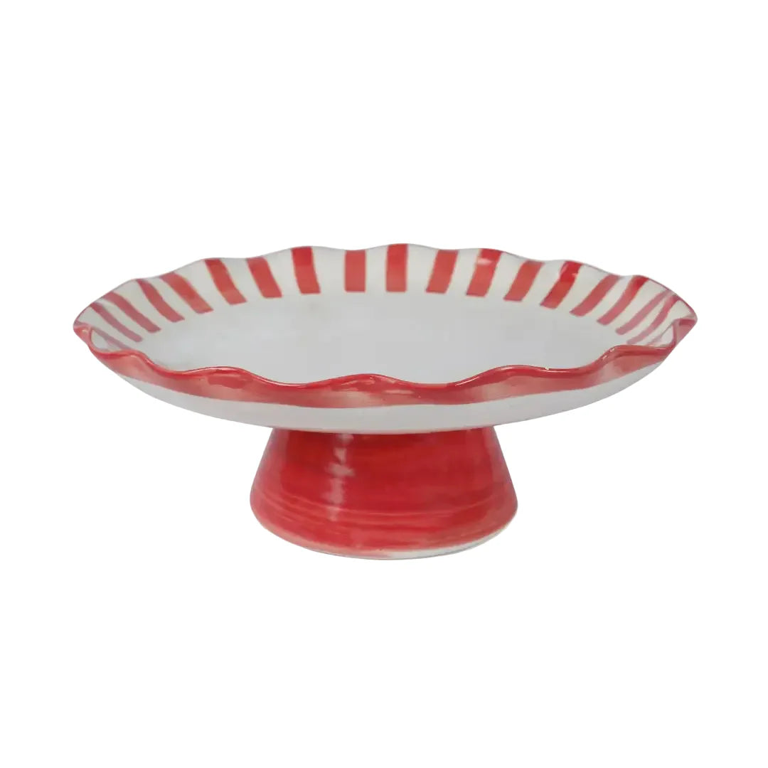 Ceramic Striped Cake Stand, Red
