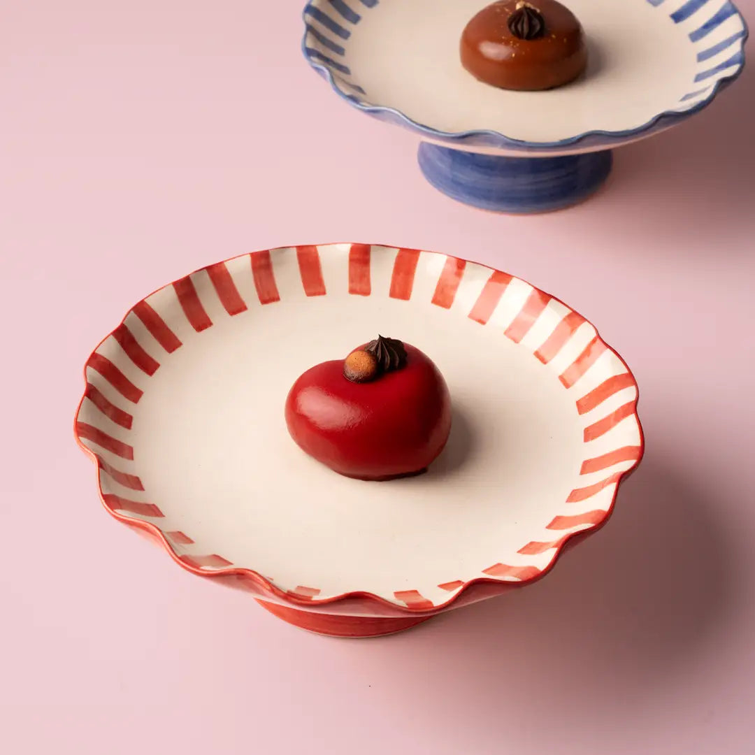 Ceramic Striped Cake Stand, Red