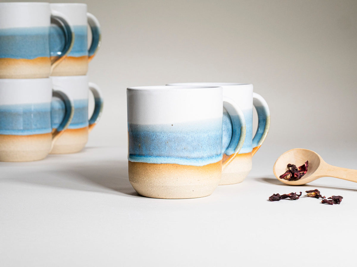 Ceramic Coffee Tea Mug with Handle Ice Blue White 14 oz Stoneware