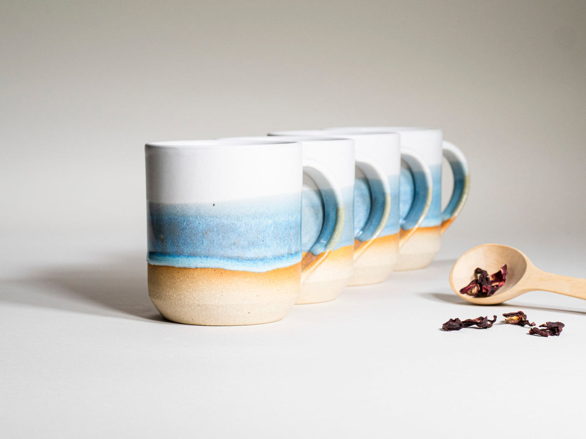 Ceramic Coffee Tea Mug with Handle Ice Blue White 14 oz Stoneware