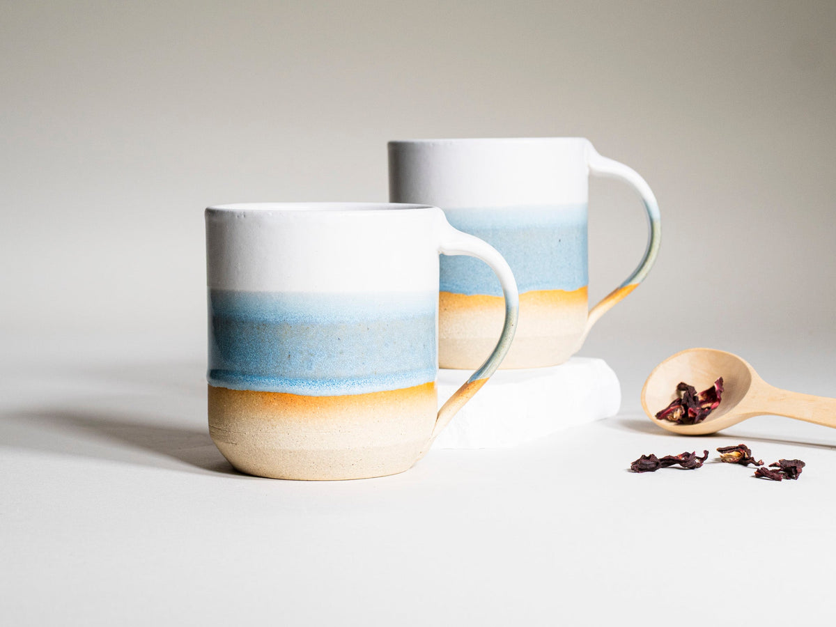 Ceramic Coffee Tea Mug with Handle Ice Blue White 14 oz Stoneware
