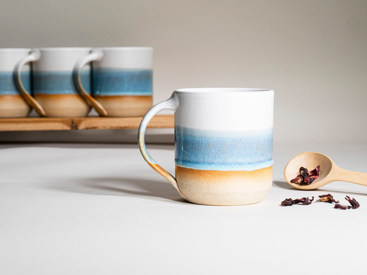 Ceramic Coffee Tea Mug with Handle Ice Blue White 14 oz Stoneware