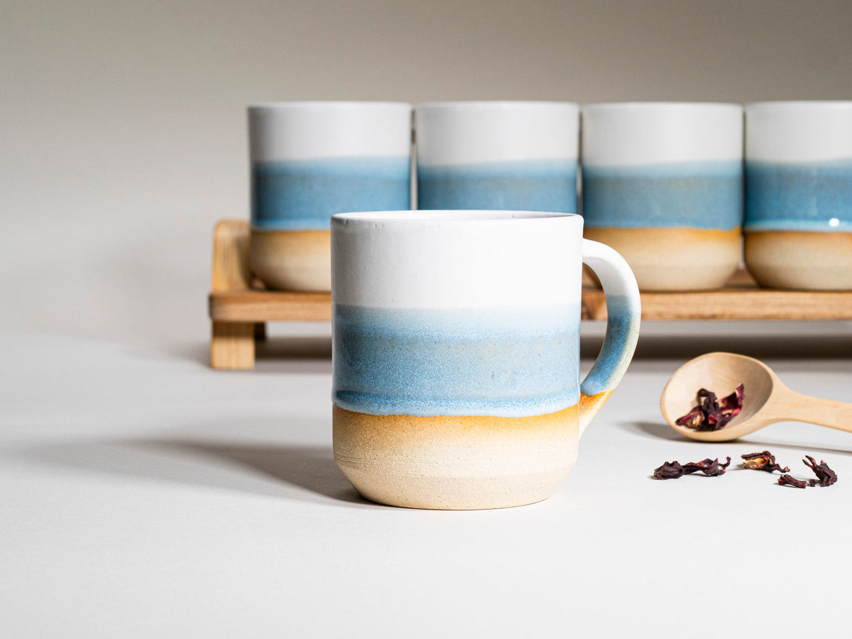 Ceramic Coffee Tea Mug with Handle Ice Blue White 14 oz Stoneware