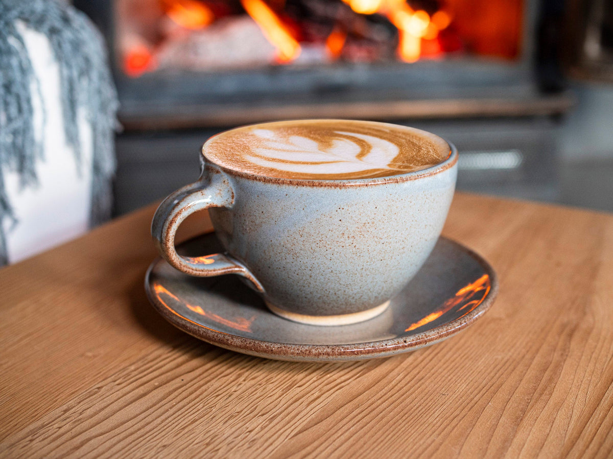 Cappuccino Cup, Latte Cup: Brown-Blue/White, approximately 10-12 oz, Stoneware