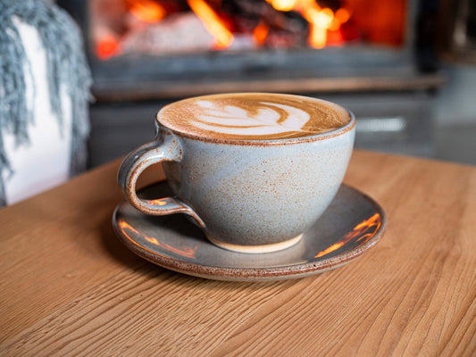 Cappuccino Cup, Latte Cup: Brown-Blue/White, approximately 10-12 oz, Stoneware